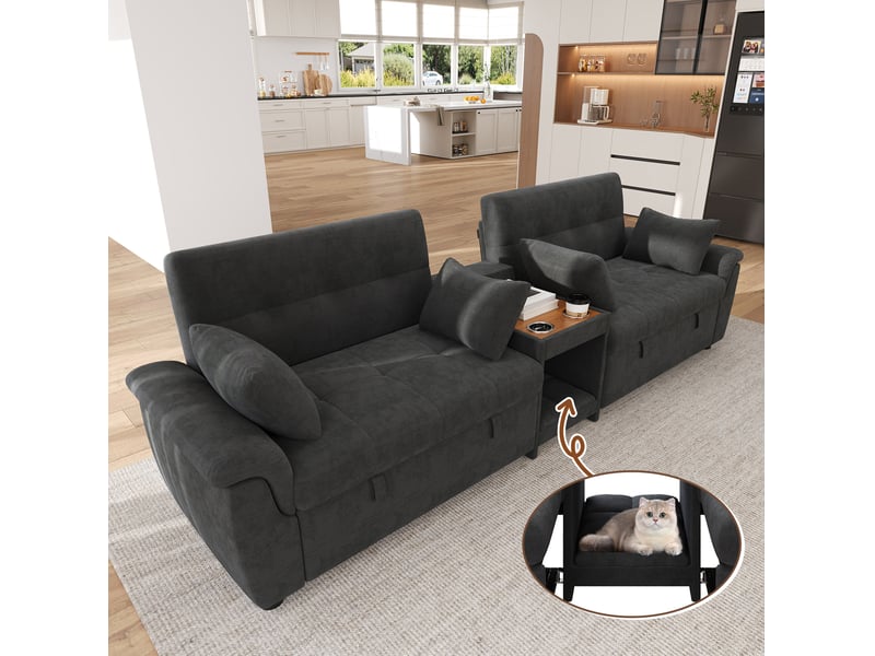  Canapé panoramique en u 4 places convertible avec double couchage, dossier réglable et porte-gobelets en chenille gris foncé  - Conforama E