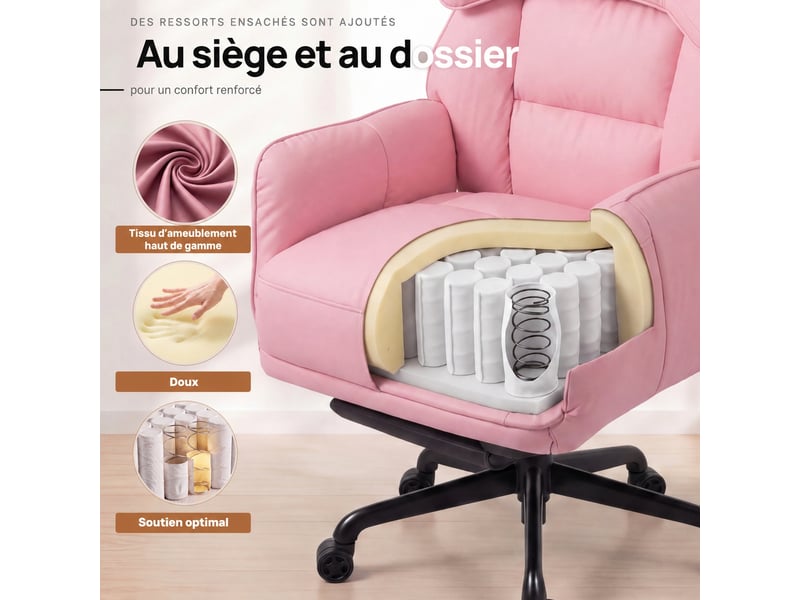  Fauteuil de bureau ergonomique,dossier inclinable 90°-135,repose-pieds,hauteur réglable,cuir pu,rose  - Conforama C