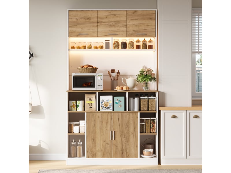  Armoire colonne cuisine 105x40x180 cm blanc bois avec led rgb, 5 portes, étagères réglables, vitrine de rangement pour cuisine et salon  - Conforama C