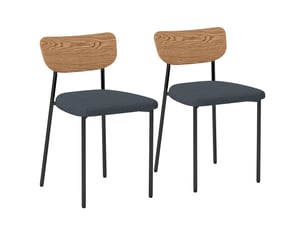 Lot de 2 chaises de salle à manger avec pieds en acier, gris et effet bois naturel, dossier incurvé et assise rembourrée