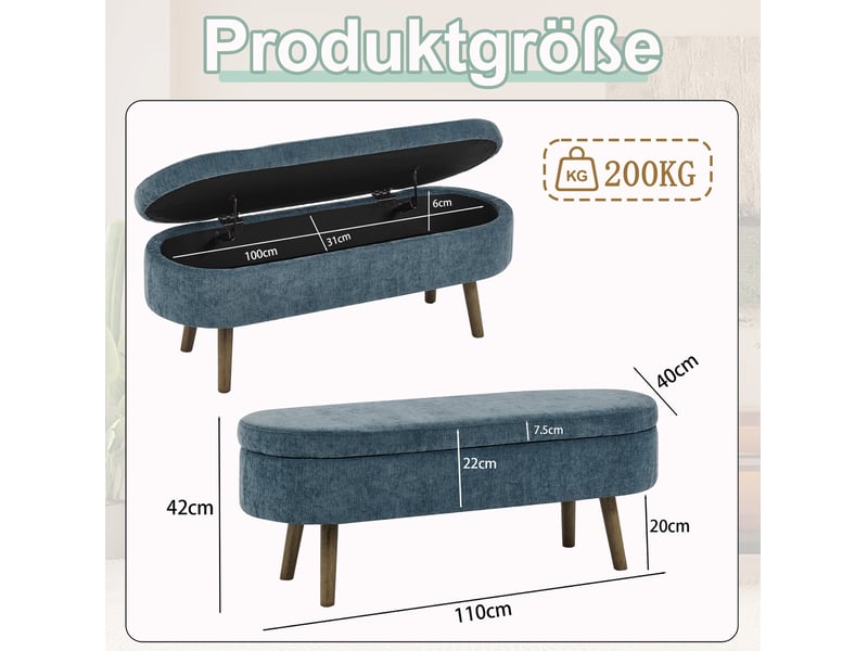  Banc de rangement 110x40x42 cm, coffre 20 l, pieds en bois, meuble chambre, meuble bureau et salon, velours doux, bleu  - Conforama C