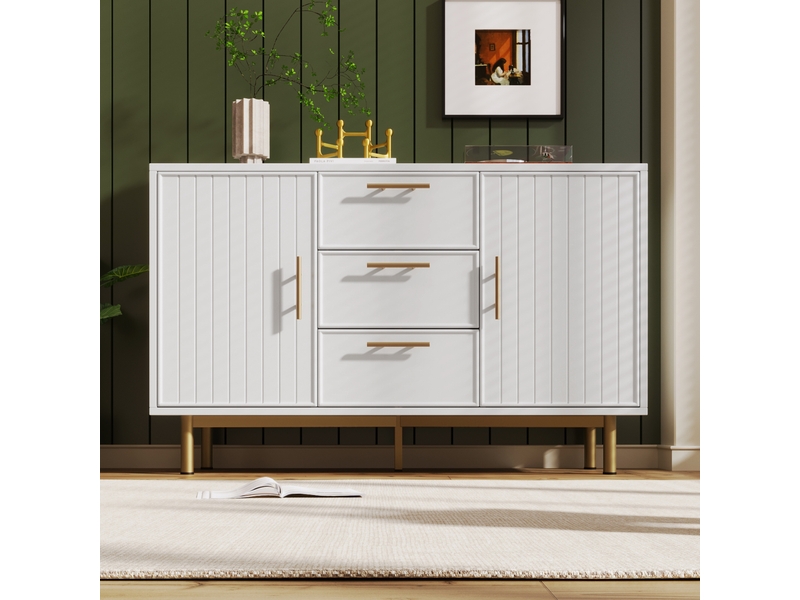  Commode avec 2 portes, 3 tiroirs et étagères réglables, façades rainurées, en panneau de particules blanc, 120 × 40 × 75 cm  - Conforama B
