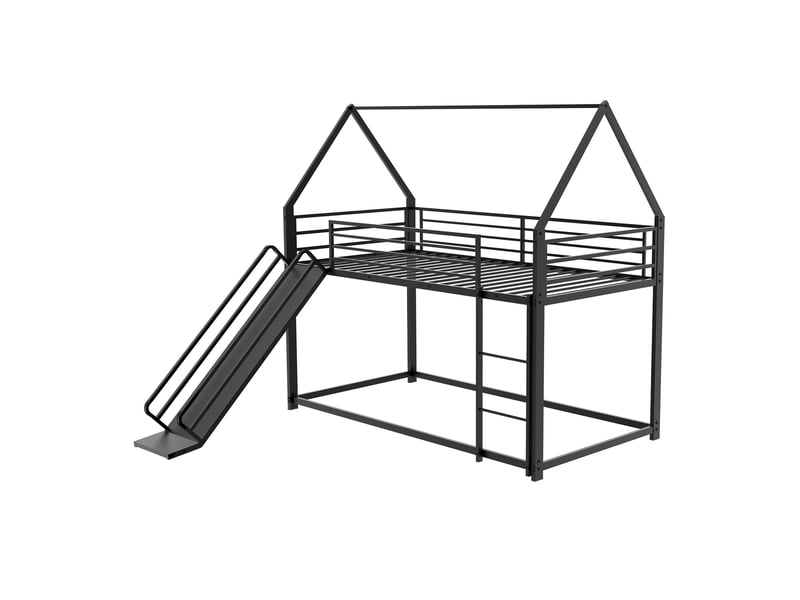  Lit superposé enfant avec toboggan 90 x 190 cm - structure cabane en métal noir  - Conforama A