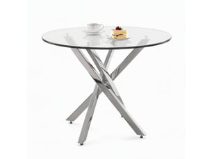 Table à manger ronde en verre trempé – 80 x 75 cm – piètement métallique argenté