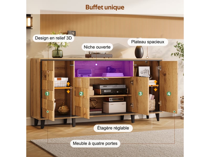  Buffet bas 160x35x76cm, 4 portes et niche ouverte, façade géométrique sans poignées, mdf et panneaux de particules, bois naturel pour salon, salon  - Conforama E