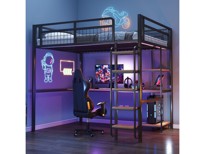  Lit mezzanine métal 140x200 cm noir, échelle sécurisée, bureau, étagères et garde-corps et structure robuste  - Conforama C