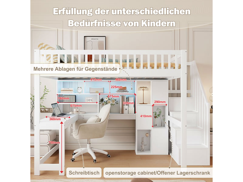  Lit mezzanine 140x200 cm avec éclairage led, lit double avec échelle de rangement, lit enfant avec bureau, blanc  - Conforama W