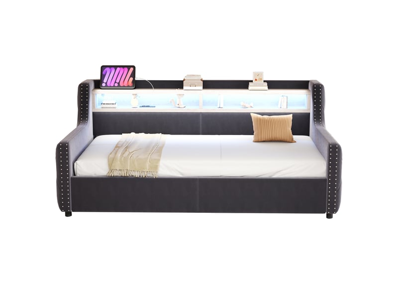  Lit canapé capitonné multifonction 90 x 200 cm gris foncé, coffre hydraulique, led et prises, sommier inclus.  - Conforama A