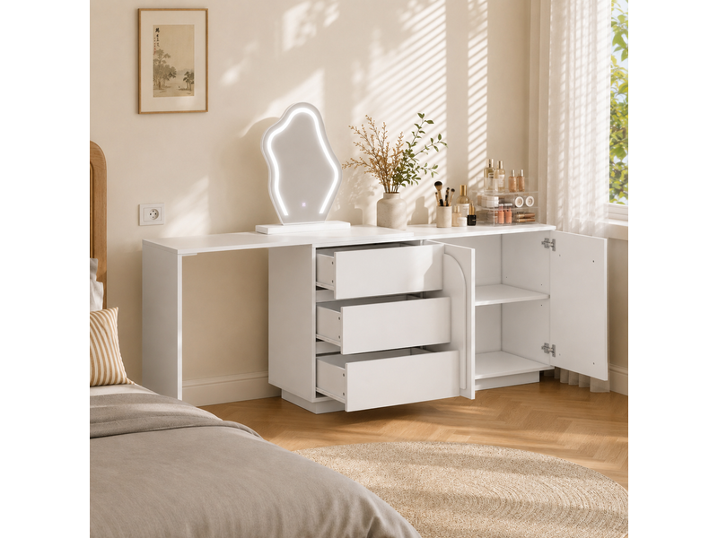 Coiffeuse commode extensible 140x40x75cm miroir led | design moderne blanc motifs en arche | 3 tiroirs coulissants - blanc  - Conforama C