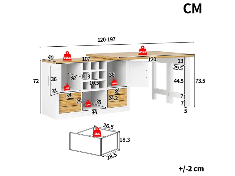  Buffet de cuisine modenvie extensible 120-197 cm pivotant mdf blanc  - Conforama C