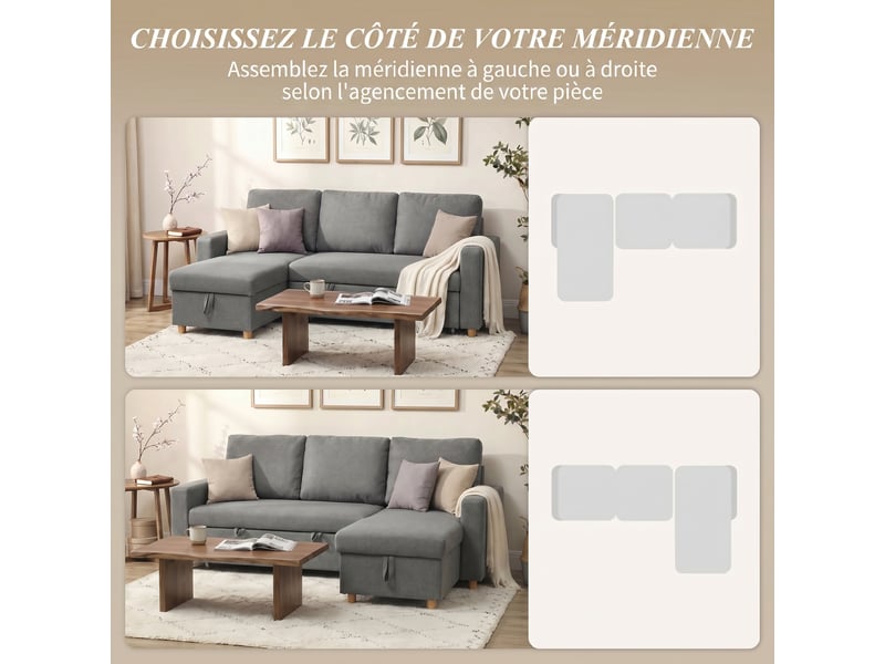  Canapé d'angle convertible canapé lit canapé 3 places modulable avec méridienne réversible, coffre de rangement intégré et 3 coussins de dossier, gris, tissu aspect lin  - Conforama E