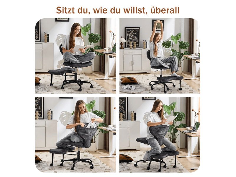  Chaise de bureau de méditation pivotante à roulettes avec repose-pieds escamotable et poches en tissu gris  - Conforama E