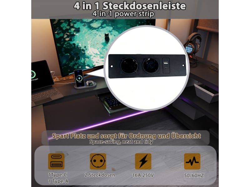 Lit mezzanine gaming 120x200 cm en métal noir avec bureau en u, escalier de rangement, led et prise électrique, sans matelas - Conforama D