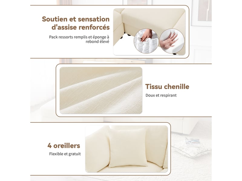  Canapé d'angle en l 3 places 218 × 156,5 × 86 cm, pouf mobile, accoudoirs réglables 3 positions, 4 coussins, chenille, beige OMNIGLINT TRADING LTD - Conforama E