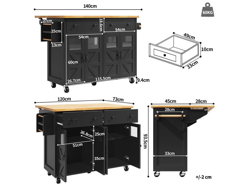  Desserte de cuisine 140 x 73 x 93,5 cm noire en mdf, plateau extensible et 5 roulettes avec freins  - Conforama C