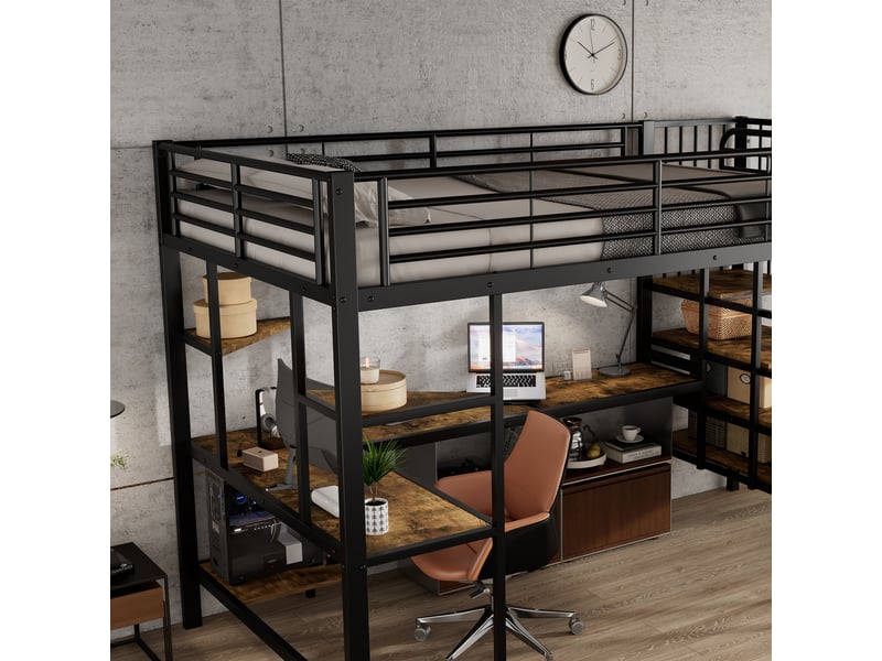  Lit mezzanine usb 120 × 200 cm avec bureau et escalier d’angle noir et bois foncé IKSETERA TRADING LTD - Conforama W