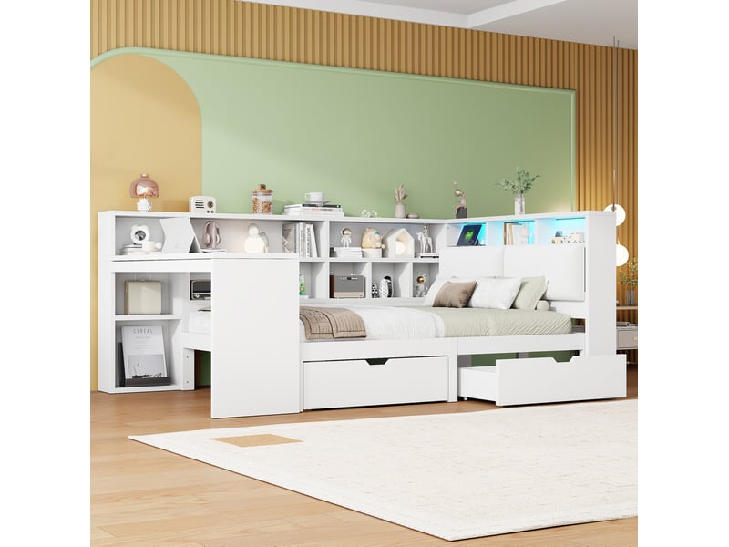  Lit combiné 140x200 cm avec bureau, bibliothèque, tiroirs, led et tête rembourrée blanc  - Conforama D