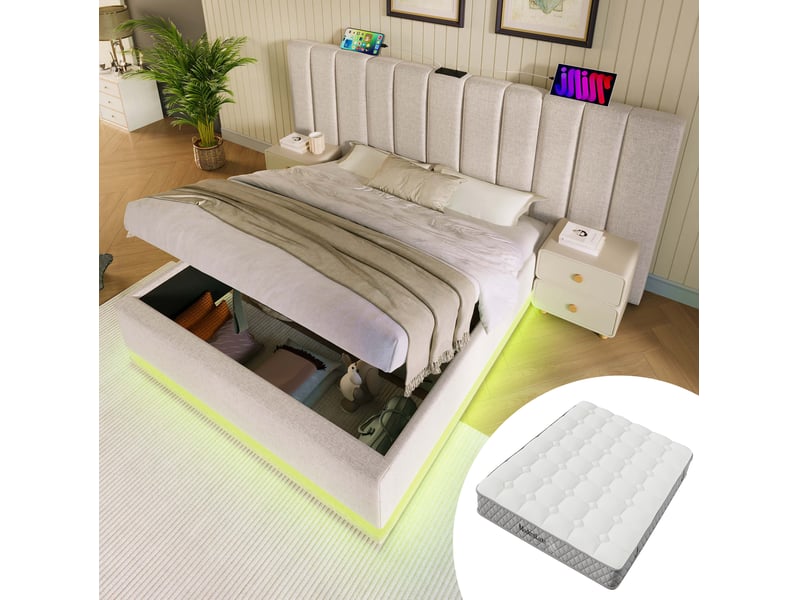 Lit adulte 180x200 rangement led usb c lin beige avec matelas et sommier stable homvra - Conforama B