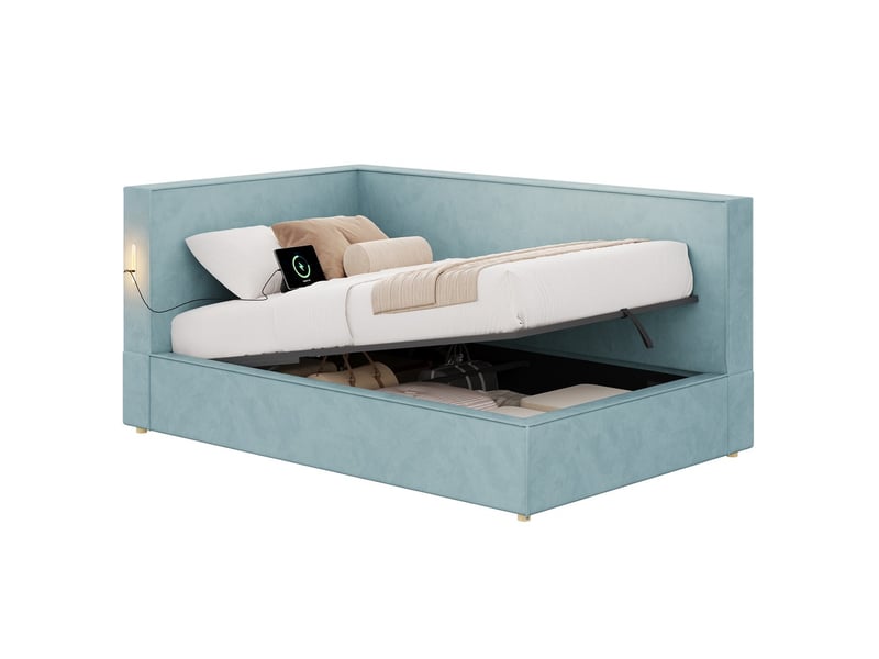  Lit avec rangement bleu en samt 90x200 cm, design minimaliste, stockage hydraulique  - Conforama A