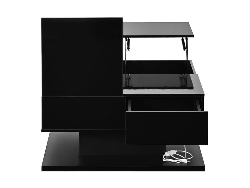  Table basse noire 72 x 72 cm avec plateau relevable, rangements, 2 tiroirs et led contrôlée par application  - Conforama D