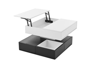 Table basse relevable avec 3 tiroirs, plateau pivotant à 360°, rangement ouvert, en panneau de particules, 70×70×40 cm, blanc noir - uvrion