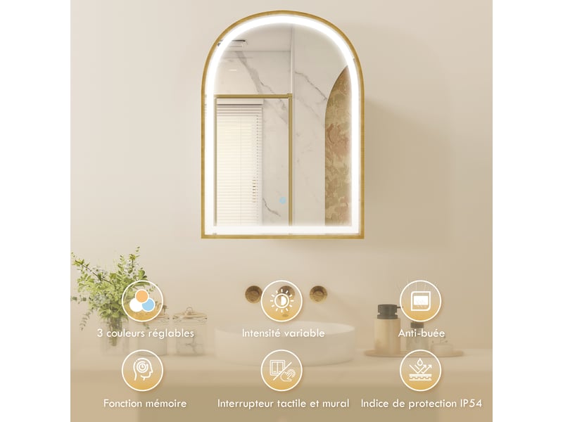  Armoire murale salle de bain avec miroir et éclairage led, porte arquée, anti-buée, doré, 50x14,5x70cm  - Conforama D