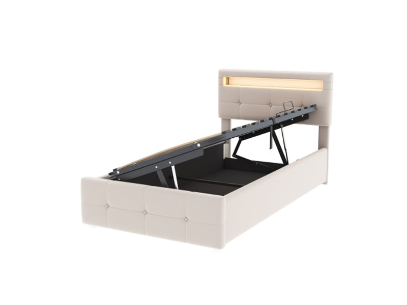  Lit enfant 90x200cm,lit coffre en velours avec lumière led et tête de lit réglable en hauteur,ouvrant d'un côté,beige lit enfant beige - Conforama E