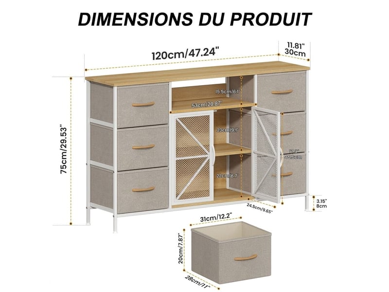  Meuble tv commode 120x30x75 cm six tiroirs tissu portes metal blanc et kaki  - Conforama D