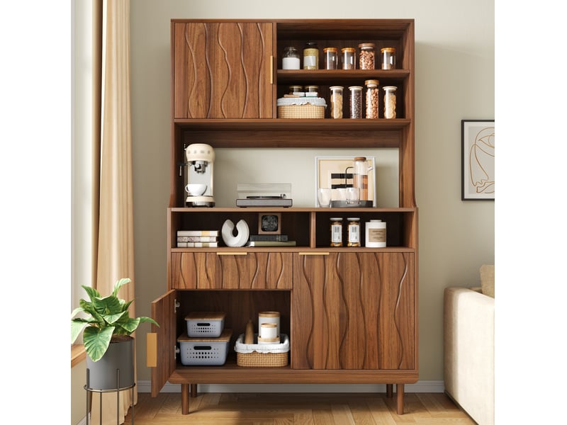  Buffet haut avec 3 portes, 1 tiroir et étagères ouvertes, façade ondulée pour cuisine, en mdf noyer 100 × 32 × 170 cm  - Conforama B