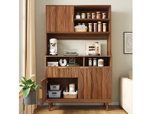 Buffet haut avec 3 portes, 1 tiroir et étagères ouvertes, façade ondulée pour cuisine, en mdf noyer 100 × 32 × 170 cm