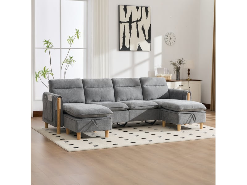  Canapé modulable modenvie 4 places avec deux poufs de rangement en chenille gris clair 261 x 77 x 86 cm  - Conforama B