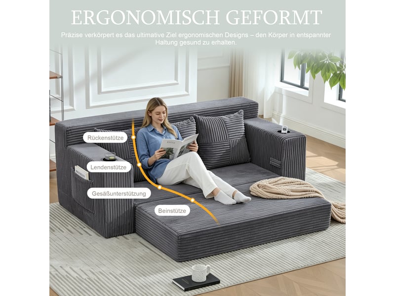 Canapé 3 places en velours côtelé, sans montage, design modulaire, porte-gobelets, rangements latéraux, 172×87×64 cm - Conforama R
