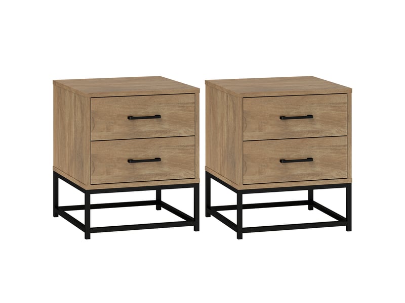  Ensemble de 2 tables de chevet de style industriel avec 2 tiroirs en bois et acier, couleur bois  - Conforama A