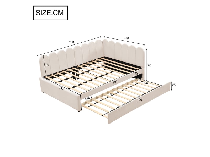  Lit rembourré tcqpz 140 x 200 cm l forme avec lit gigogne beige en velours  - Conforama C