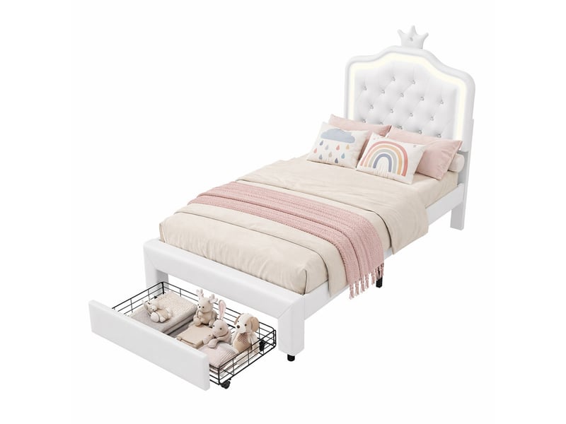 Lit enfant 90x200 cm,tête de lit réglable,éclairage led,tiroirs de rangement,revêtement pu blanc,sommier à lattes pour fille et adolescente - Conforama A