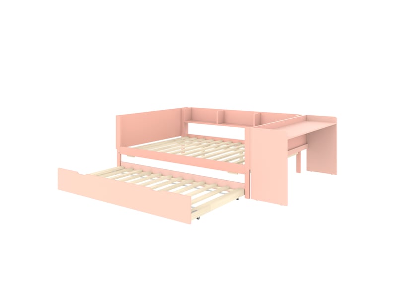  Lit enfant rose 140x200 cm en bois, bureau, lit gigogne et étagères intégrés  - Conforama D