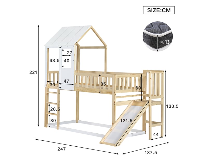 Lit superposé enfant 90x200 cm avec barrière et toboggan, lit cabane, protection antichute, cadre en pin, naturel blanc - Conforama D