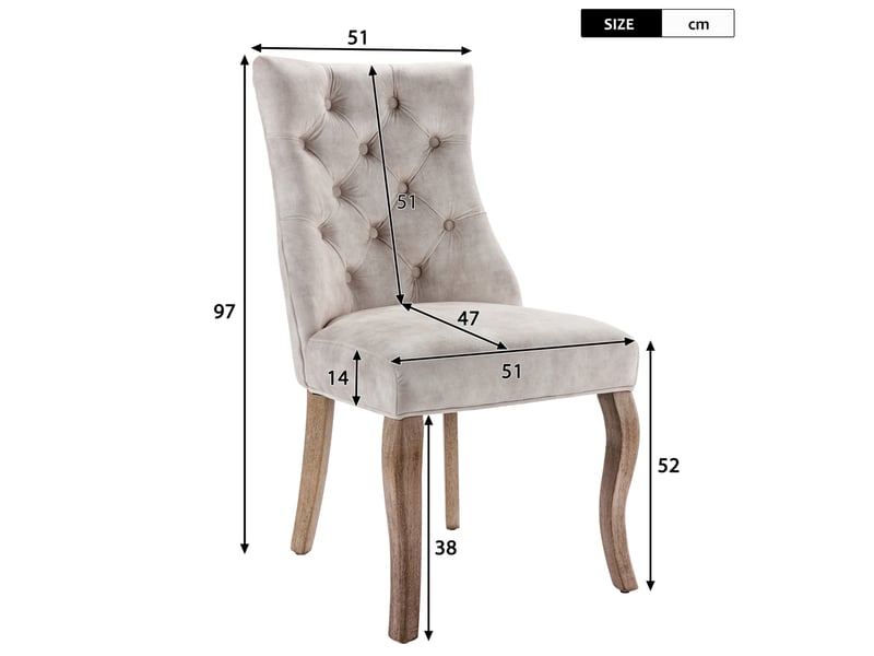  Lot de 4 chaises de salle à manger 51 x 47 x 97 cm beige clair en velours, dossier haut capitonné  - Conforama C