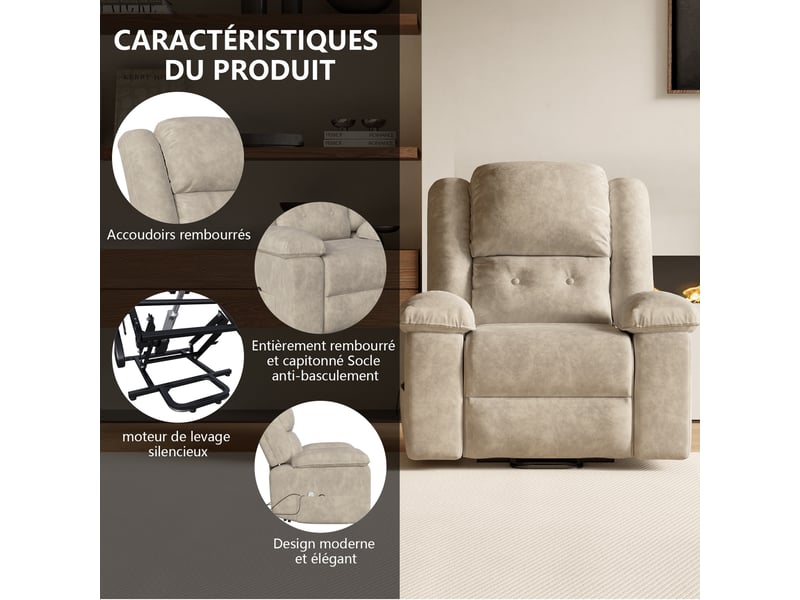  Fauteuil relax électrique releveur - 93x83x106cm - massage 8 points, chauffage lombaires &amp; inclinable 160° - velours beige  - Conforama D