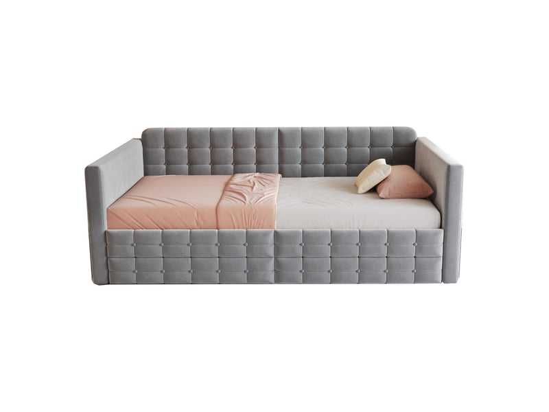  Lit d'appoint 90x190 cm, tissu velours gris, motif damier classique, poches latérales et tiroirs de rangement  - Conforama A