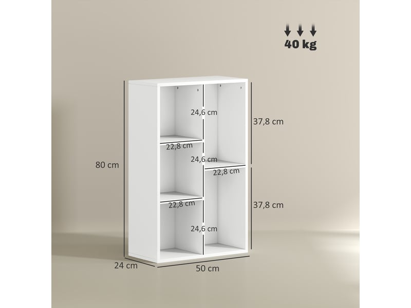  Bibliothèque étagère de rangement avec 5 compartiments, pour salon chambre à coucher bureau, 50x24x80cm, blanc  - Conforama E