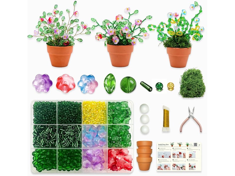  Kit plantes en perles 3000 pièces, fleurs et feuilles en verre, kit diy avec pots outils et tutoriel pour adultes  - Conforama A