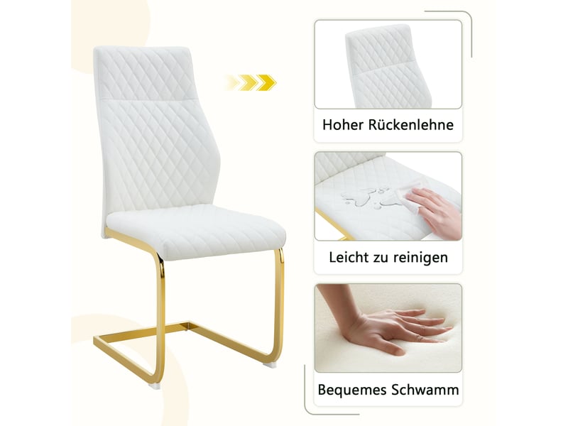  Chaises de salle à manger lot de 2 à dossier haut matelassé  - pieds antidérapants métal et pu - blanc et doré  - Conforama E