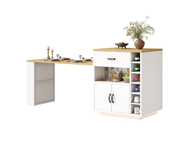  Îlot de cuisine avec table extensible blanc, éclairage led, 2 tiroirs, 4 portes, mdf et métal, 80x70x95.5 cm  - Conforama A