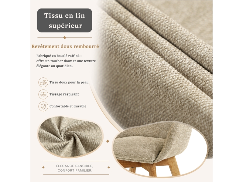  Lot de 6 chaises de salle à manger pivotantes à 360° – tissu effet lin respirant, pieds en bois massif - gris beige  - Conforama D