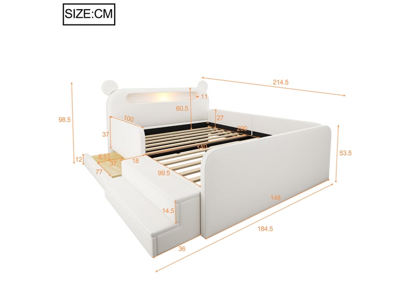  Lit enfant, 140x200 cm, avec tête de lit ours, lit 2 place, recharge, rangement, matelas non inclus, pu, coloris blanc  - Conforama C