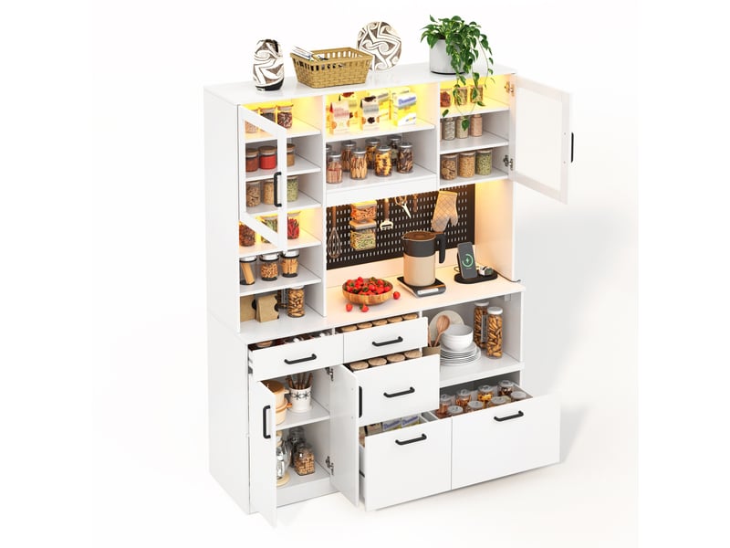  Buffet de cuisine - 185 x 145 x 40 cm - grand meuble de rangement buffet bas avec prise, éclairage led et 5 tiroirs - blanc  - Conforama A
