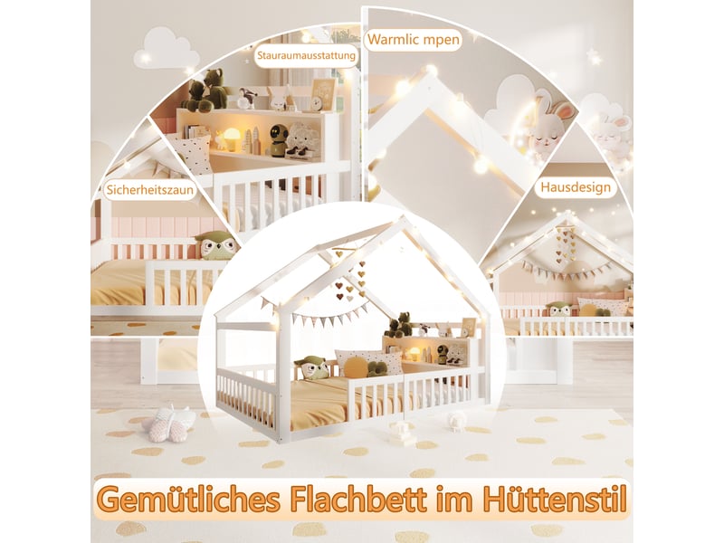 Lit cabane enfant 140x190 cm en bois de pin blanc avec barrières de sécurité et étagères, design minimaliste (sans matelas) - Conforama W