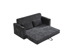 Canapé 2 places, avec fonction couchage, avec ports usb, avec coussins, en tissu chenille, coloris noir et gris, l153 x p77 x h65 cm