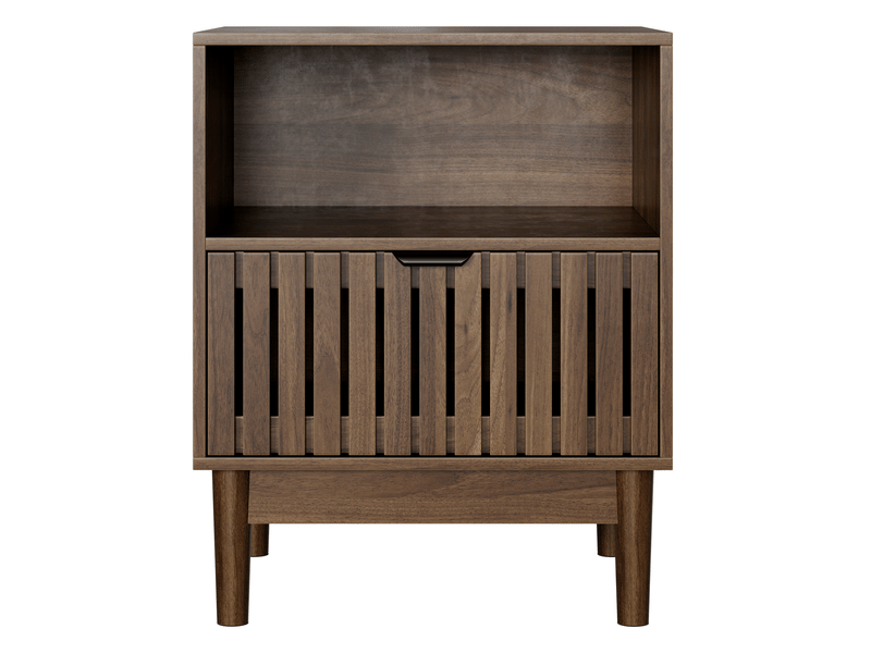  Table de chevet 45x39x56,5 cm avec tiroir en mdf noyer, design à lattes, meuble d’appoint pour chambre, salon  - Conforama A